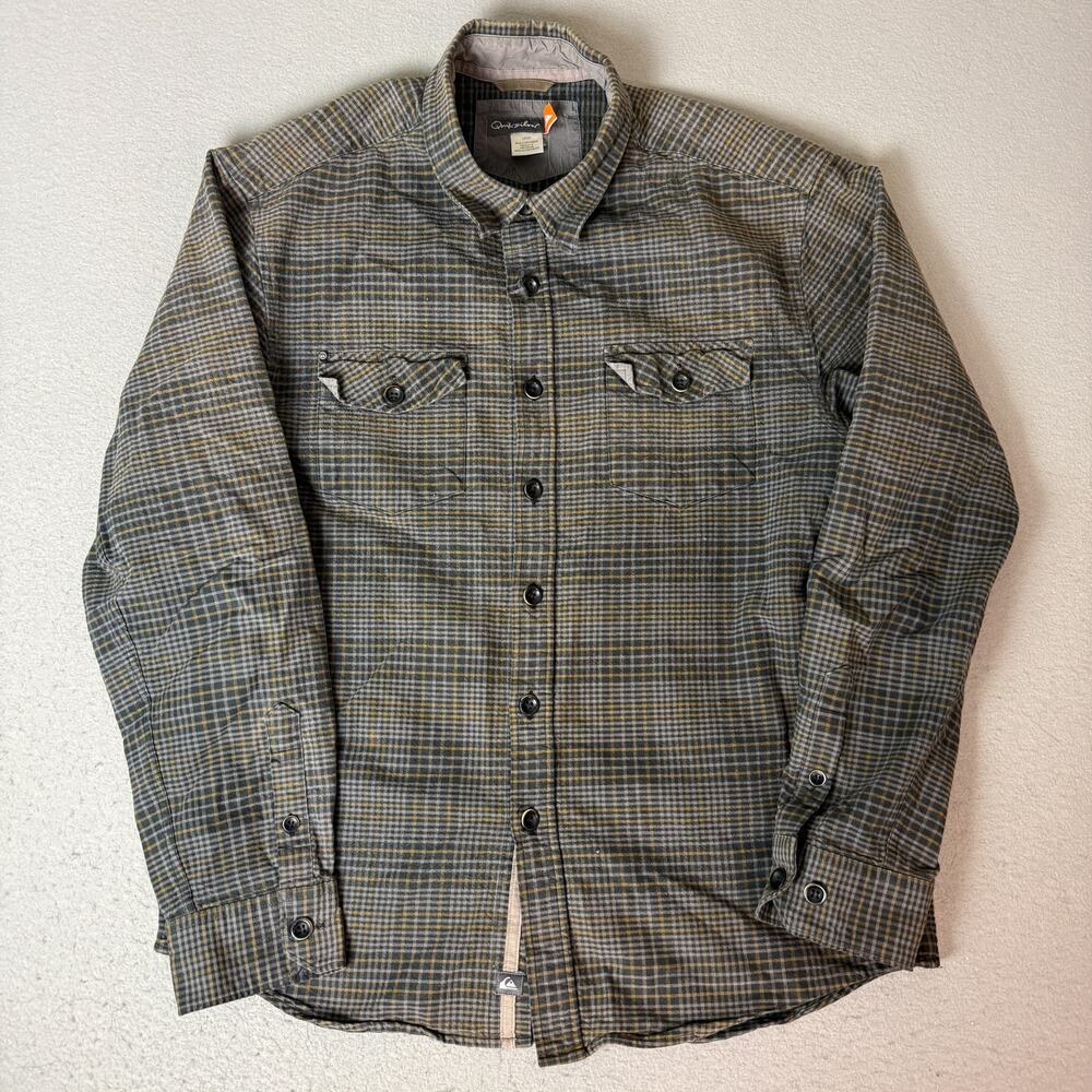 Quiksilver Mens Large Plaid Flannel Shirt Gray Brown Cotton Long Sleeve Y2K